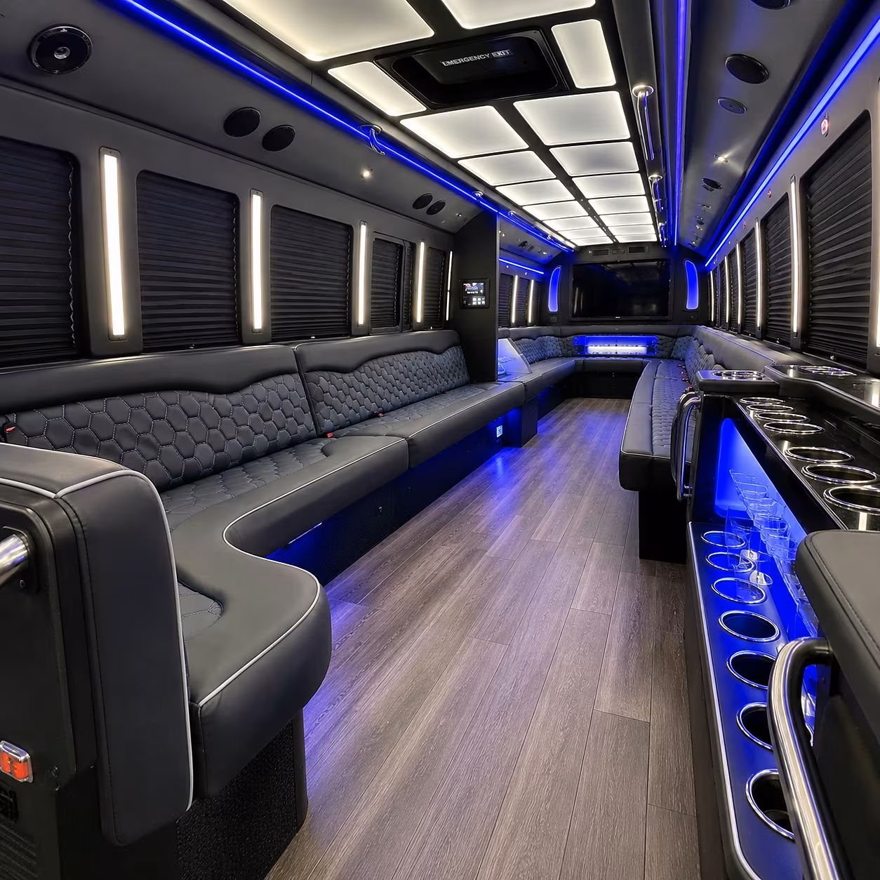 Wedding guests seated inside a party bus serving Miami